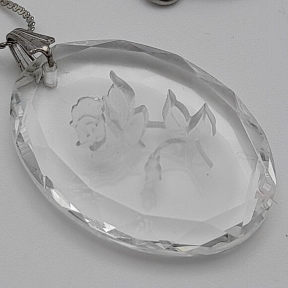 Vintage Reverse Intaglio Rose Crystal Pendant Necklace, Sterling Silver - Picture 6 of 9